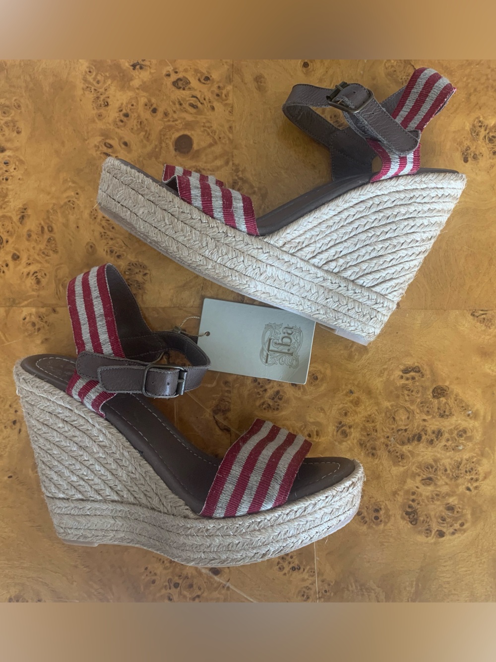 Striped Red Espadrille Wedge Sandals with Ankle Buckle